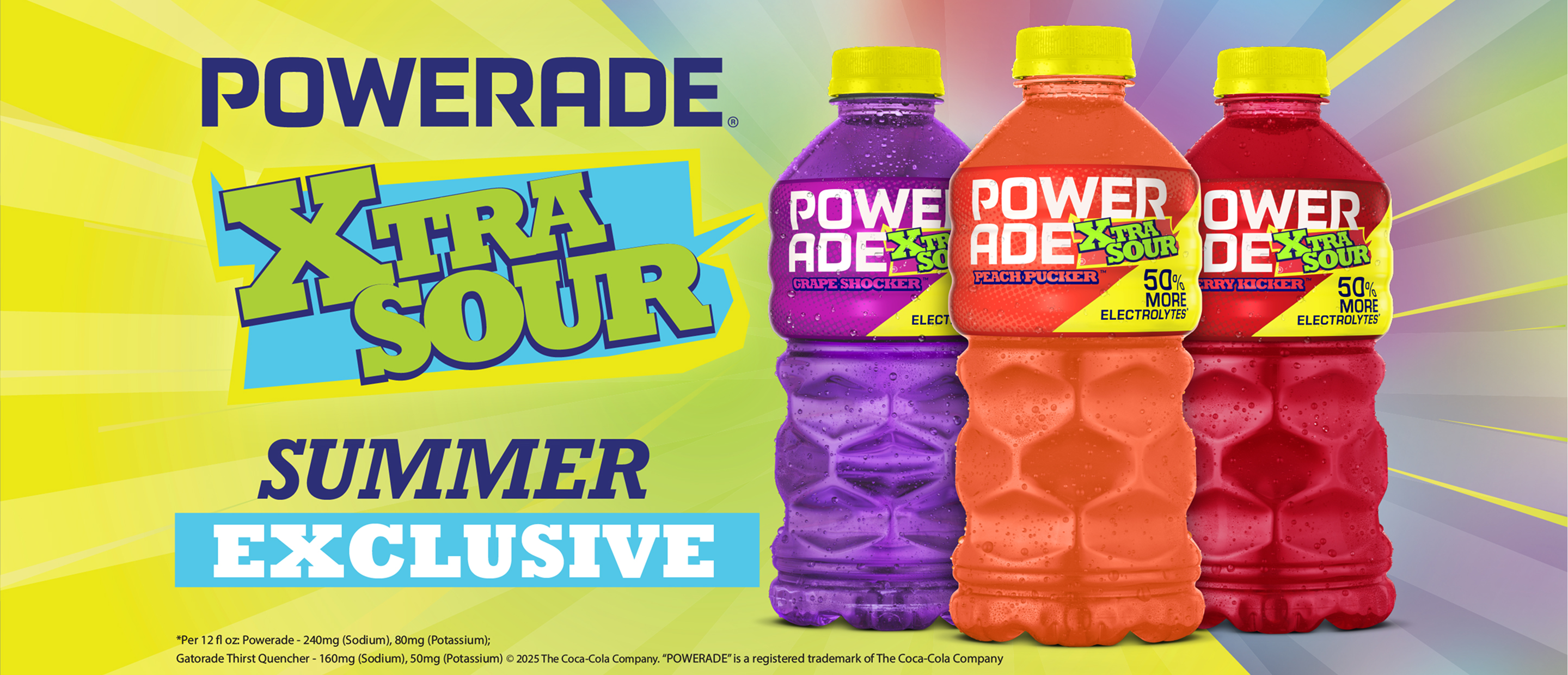 Text reading "Powerade Xtra Sour. Summer Exclusive," next to a lineup of Powerade Xtra Sour bottles
